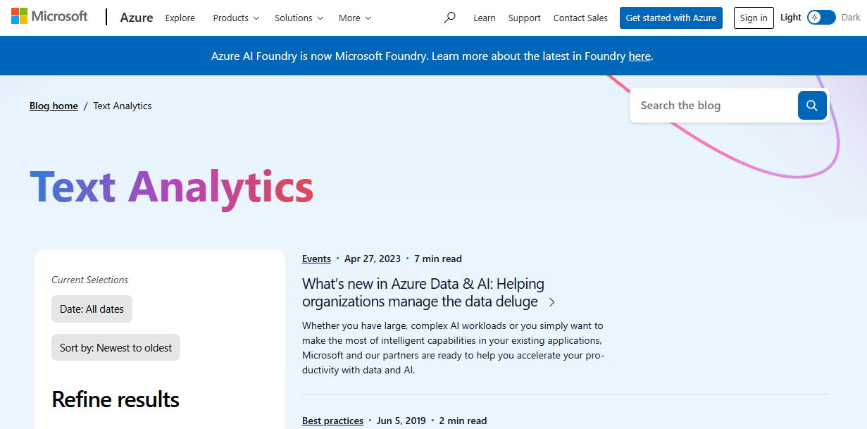 Microsoft Azure Text Analytics Homepage