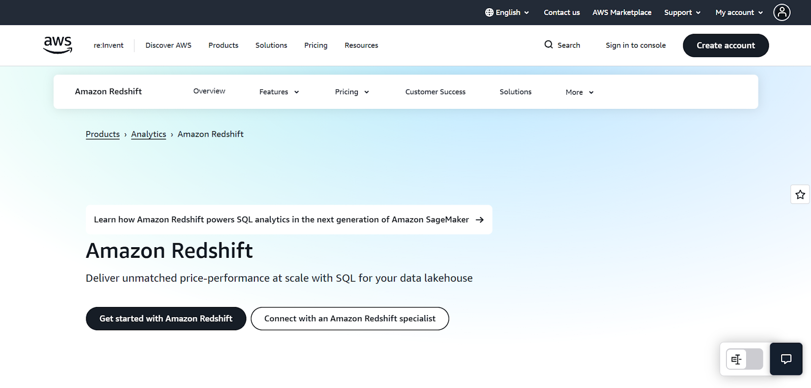 Amazon Redshift Homepage