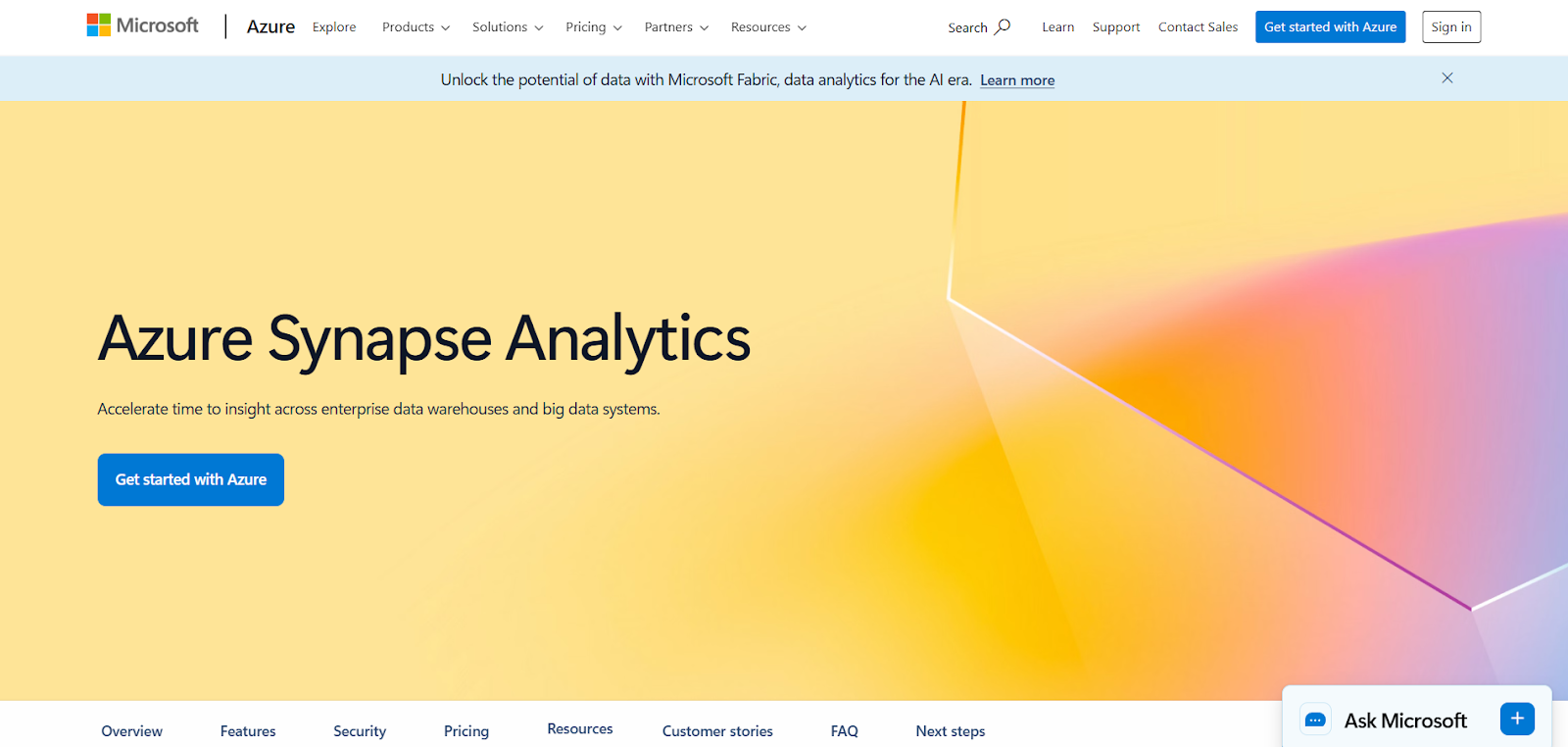 Microsoft Azure Synapse Analytics page: "Accelerate time to insight across enterprise data warehouses and big data."