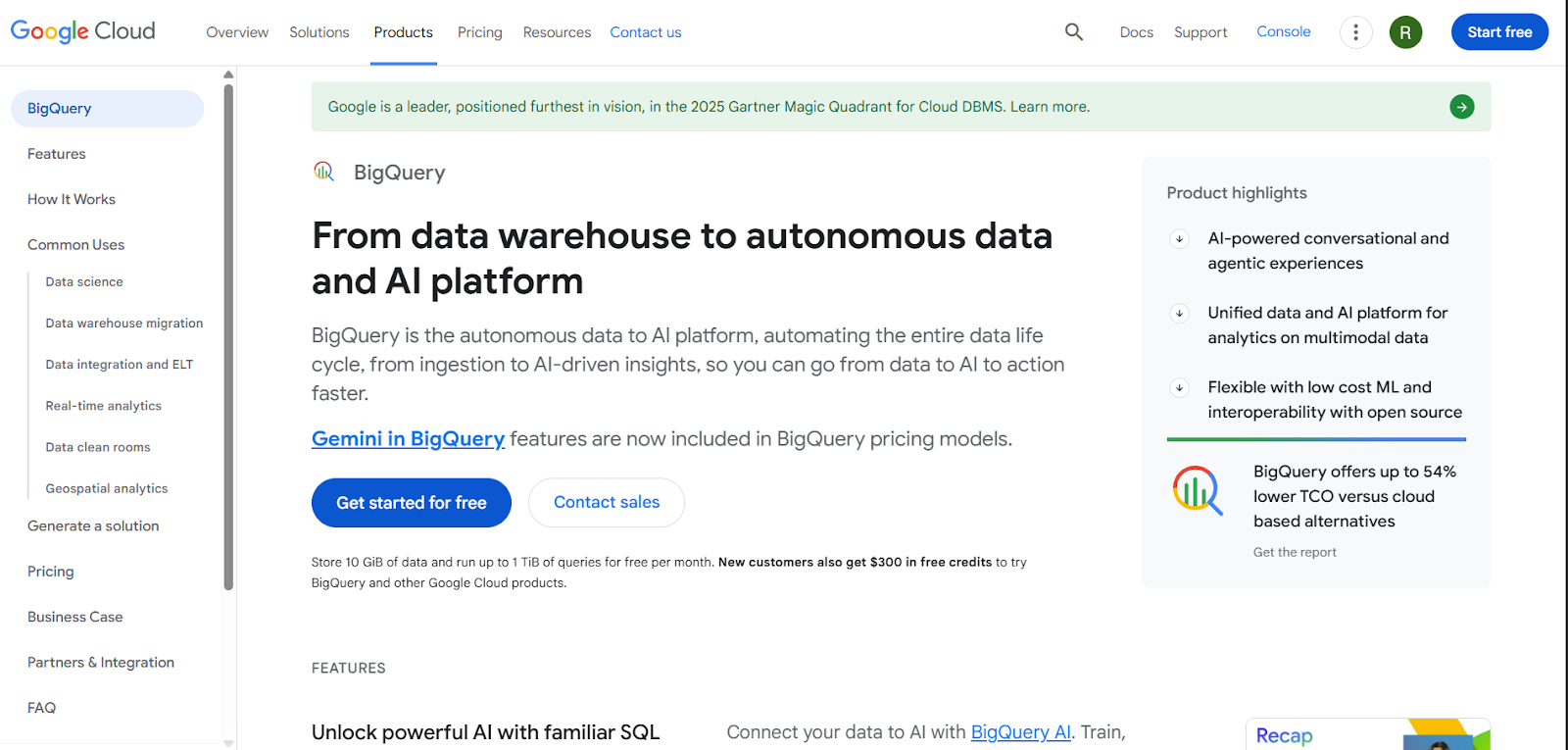 Google Cloud BigQuery page: "From data warehouse to autonomous data and AI platform" with agentic experience highlights.