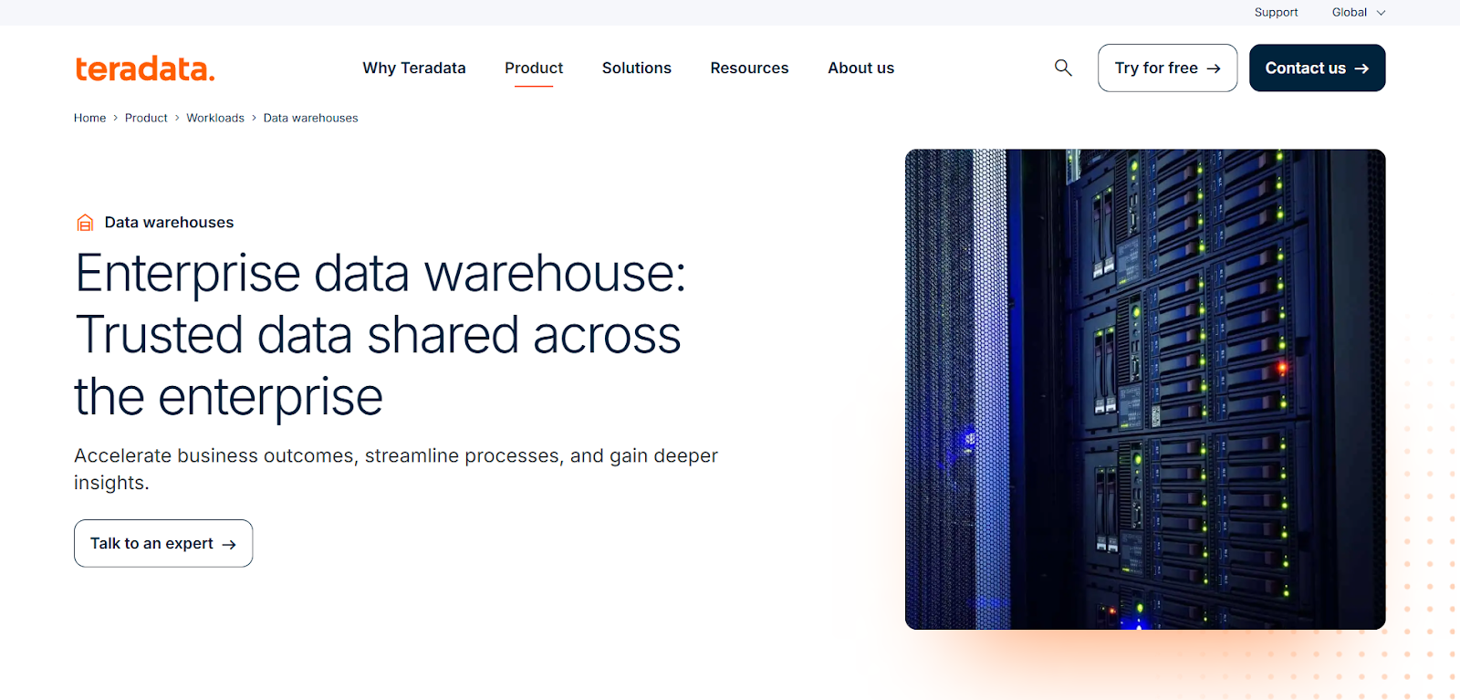 Teradata website: "Enterprise data warehouse: Trusted data shared across the enterprise." Product landing page view.