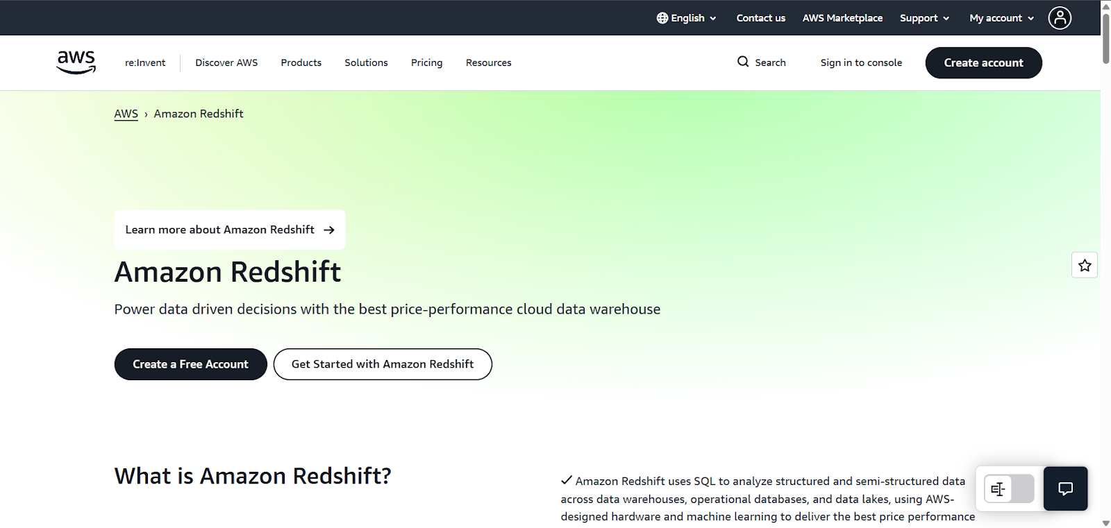 AWS Amazon Redshift page: "Power data driven decisions with the best price-performance cloud data warehouse."