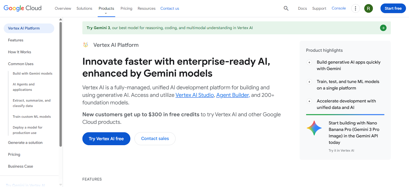 Google Vertex AI agent builder Homepage