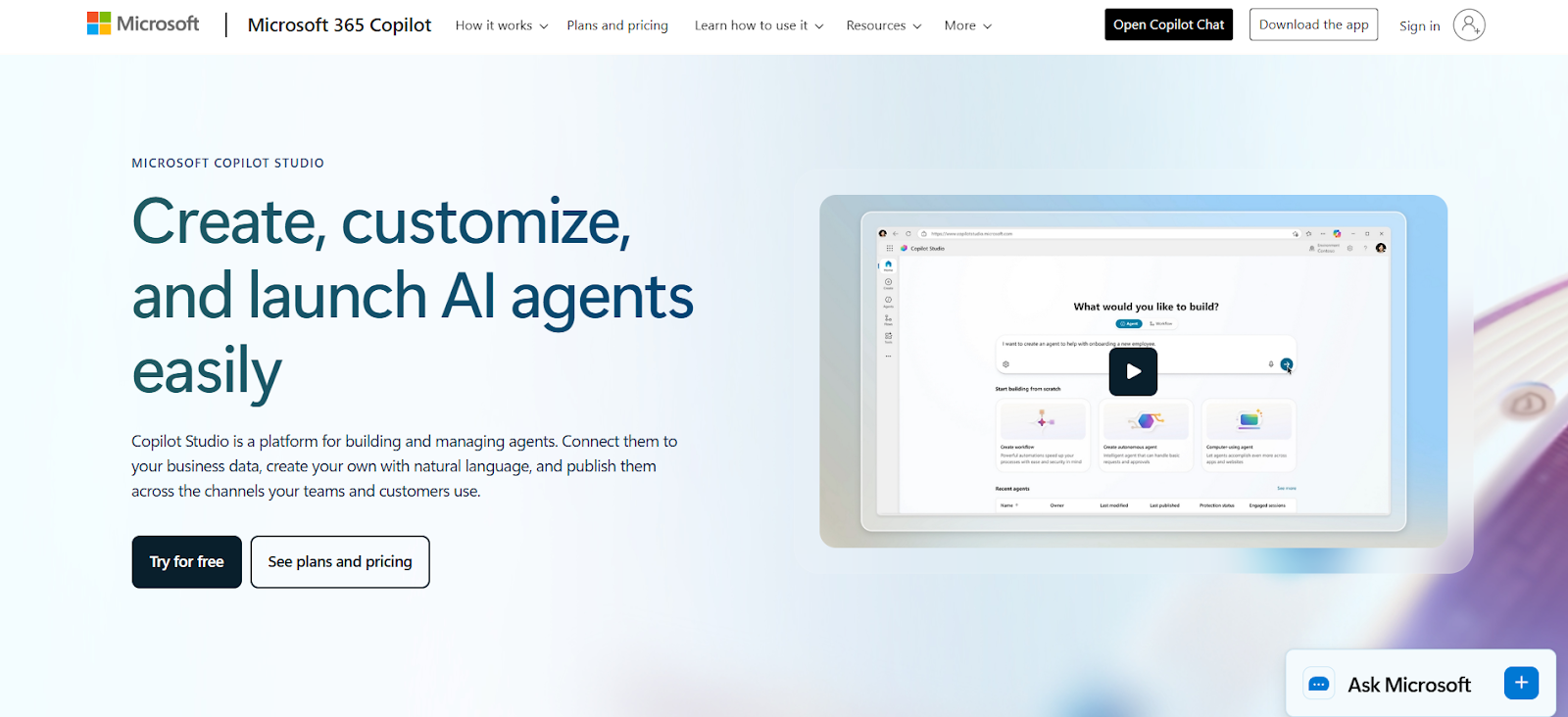 Microsoft Copilot Studio Homepage