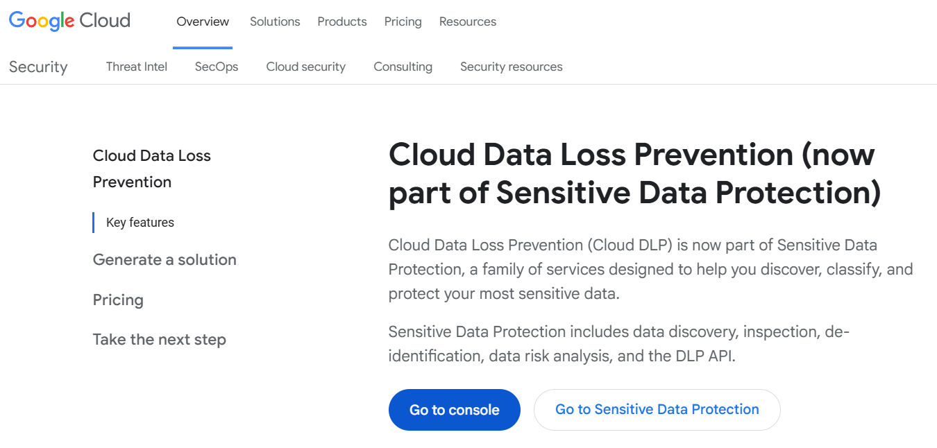 Google Cloud DLP homepage