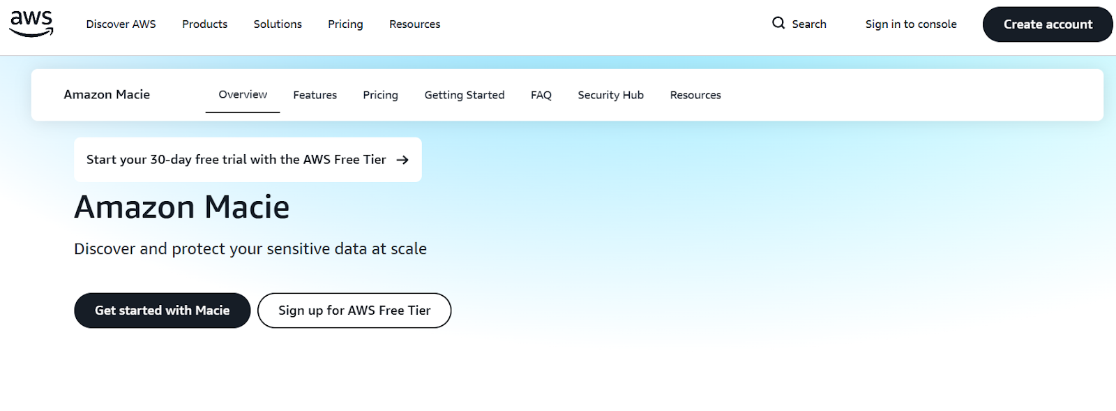 Amazon Macie homepage